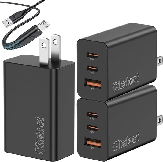 3Pack 65W USB C Charger Block, 3Port Fast Charging Adapter, Type C Fast Charging Blocks Cube PD USBC Wall Plug+Qc3.0 USB a Charger Brick for Macbook Pro/Air,Ipad,Iphone 17/16,Samsungs26/S25&More-Black